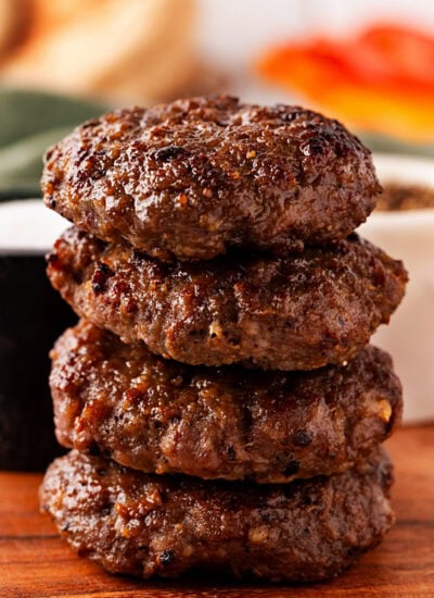 Stacked breakfast patties.