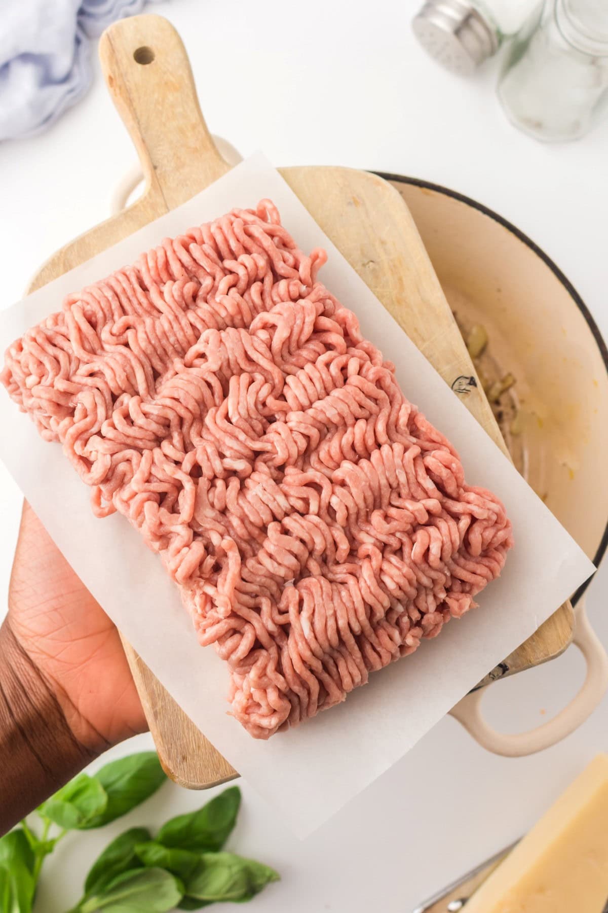 Ground beef on a board. 