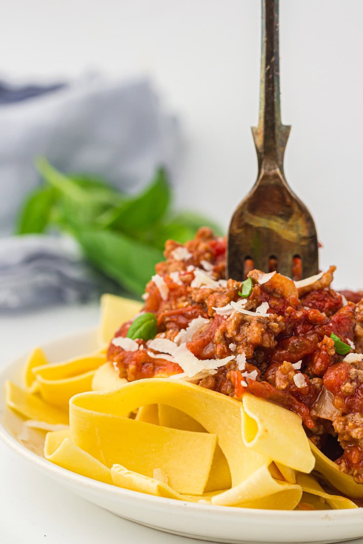 Sticking a fork into pasta. 