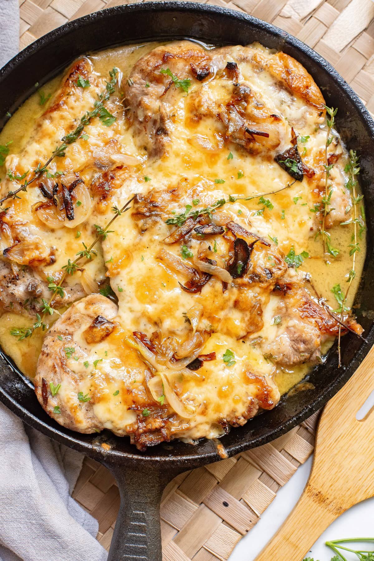 Close-up of French Onion Pork Chops.