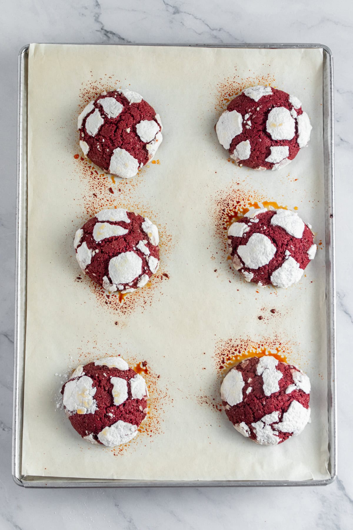 Red velvet crinkle cookies freshly baked.