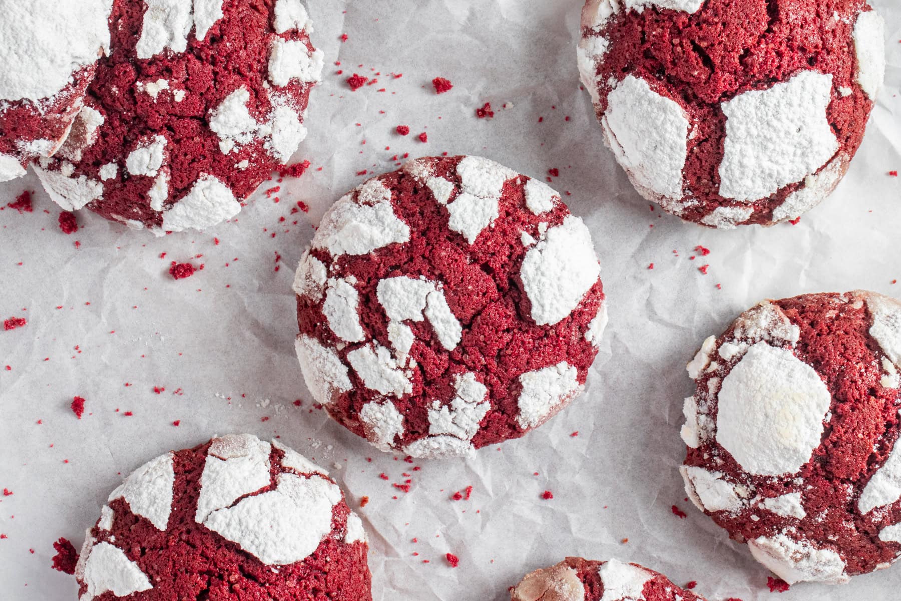 Freshly baked red velvet crinkle cookies. 