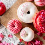 Overhead of Valentine's Day Donuts.