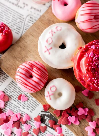 Overhead of Valentine's Day Donuts.