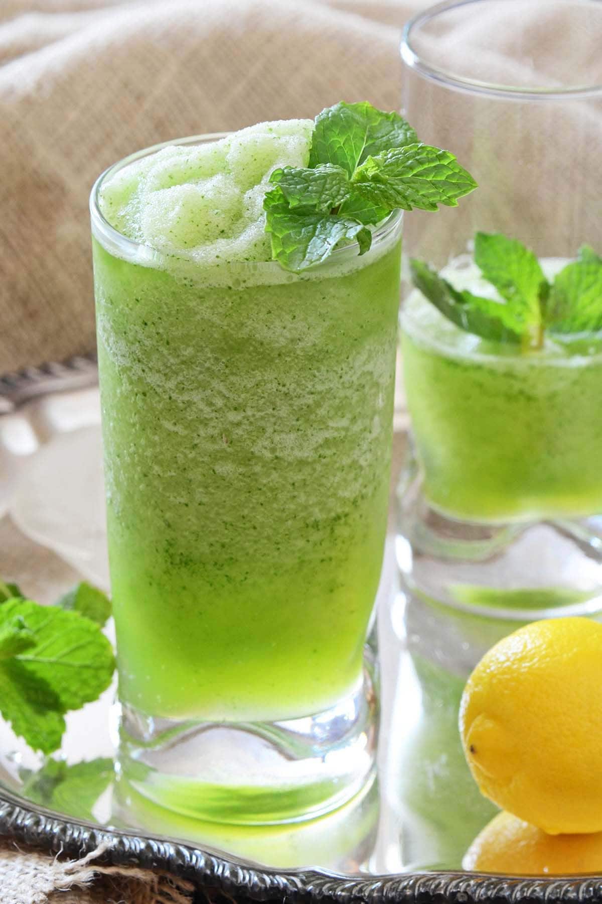 Frozen mint lemonade in a glass.