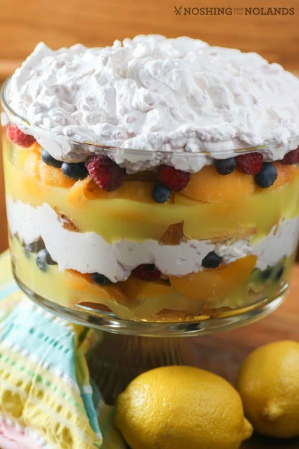 Trifle bowl full of lemon berry trifle.