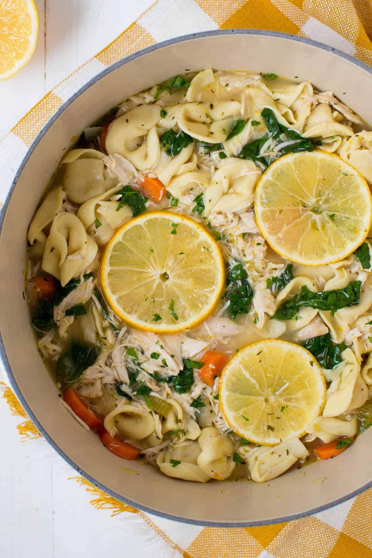 Pot full of lemon chicken tortellni.