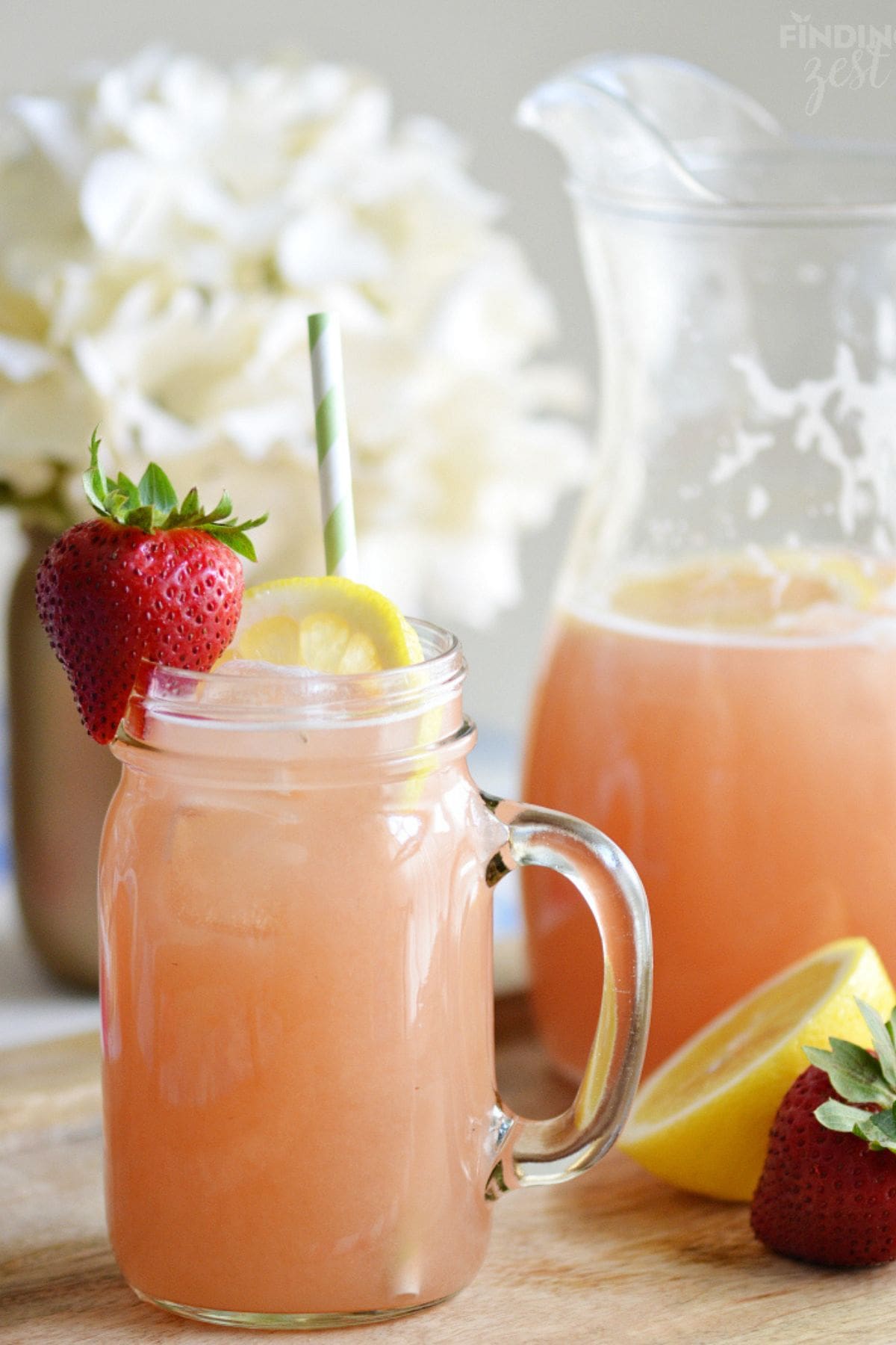 Mason jar full of rhubarb lemonade.