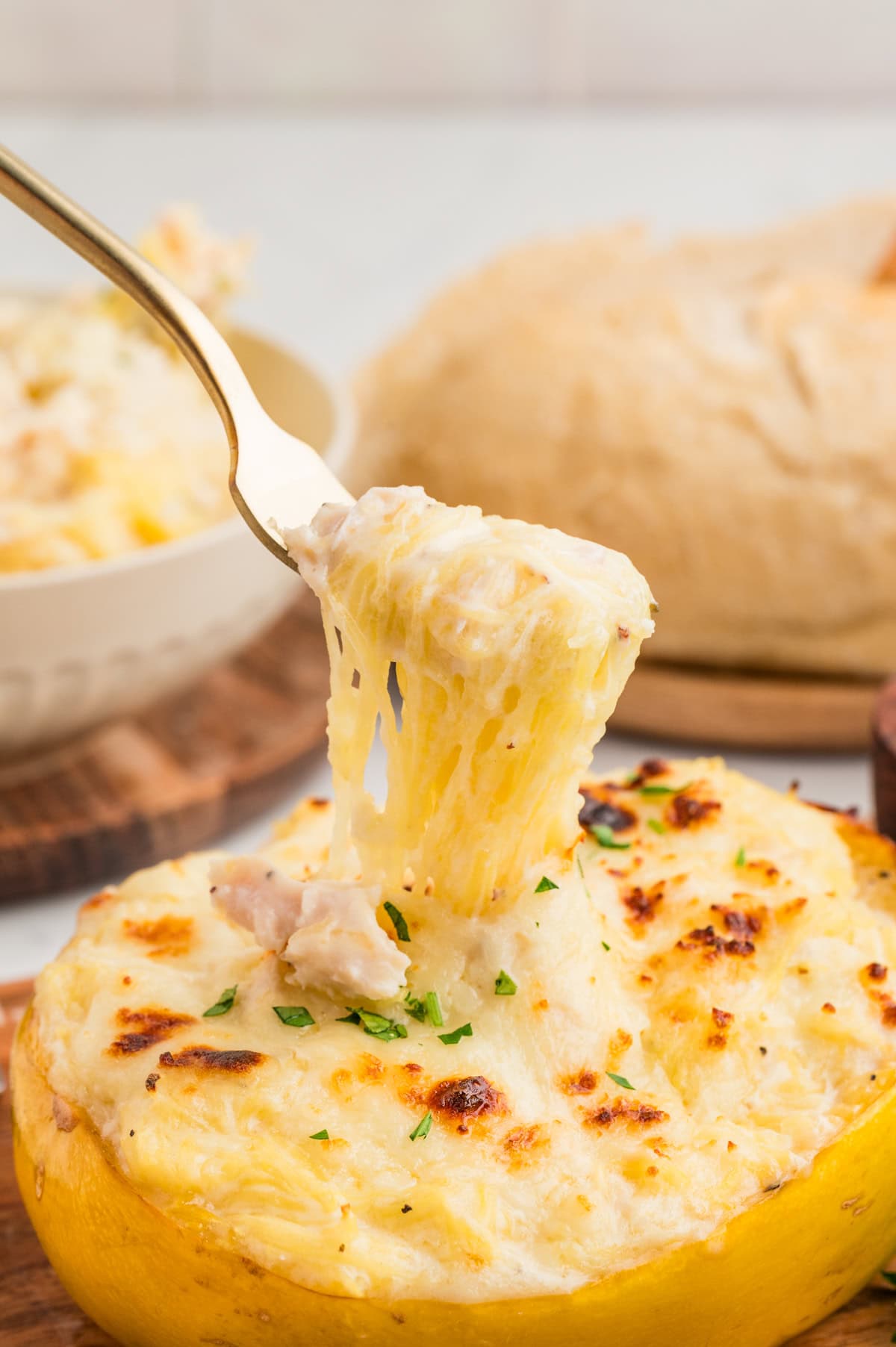 Forkful of Chicken Alfredo Spaghetti Squash.