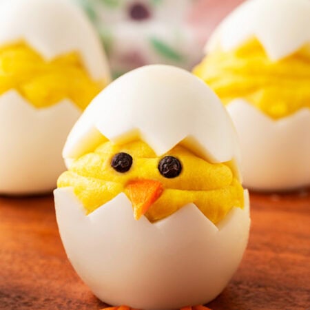 Deviled Egg Chick on a board.