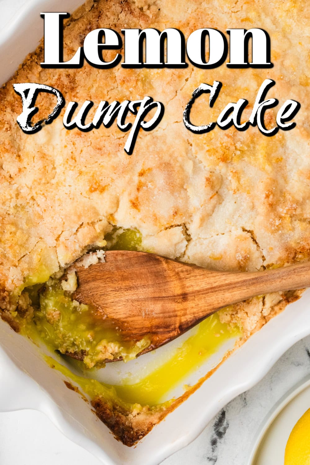 Need a quick and easy recipe? This Lemon Dump Cake is not only easy but delicious. It transports well, making a great potluck offering, and is summery and bright. Lemon lovers will be thrilled. Lemon Dump Cake Pin.