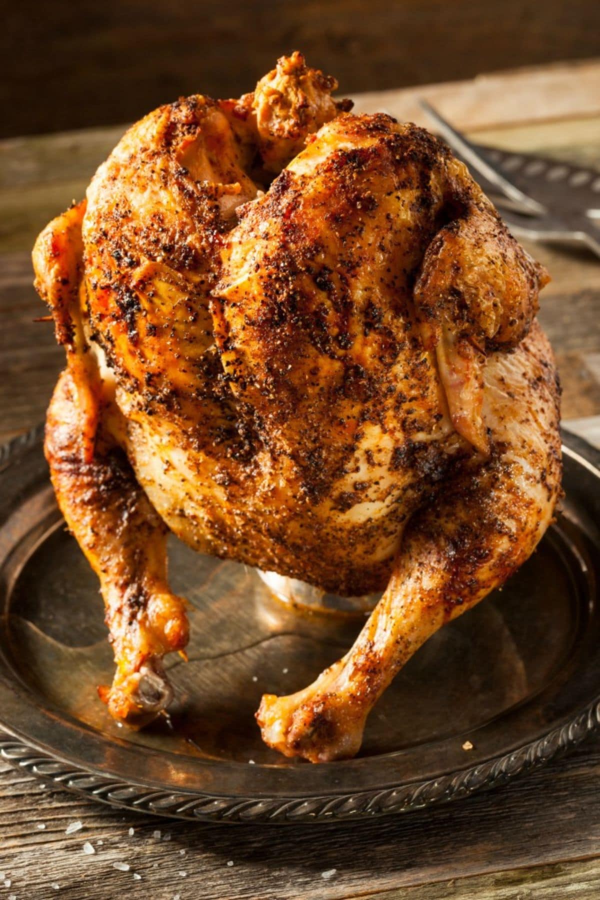 Beer can chicken on a serving plate.