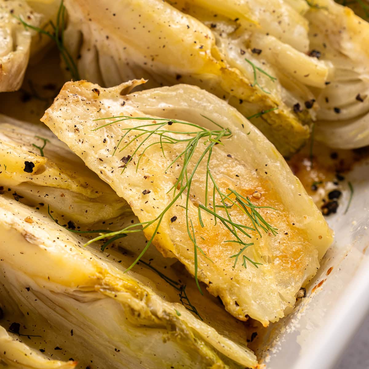 This recipe for Baked Fennel With Parmesan Cheese is unique and delicious. Baking fennel makes it mellow, and the butter and cheese make it excellent. Close-up of Baked Fennel.