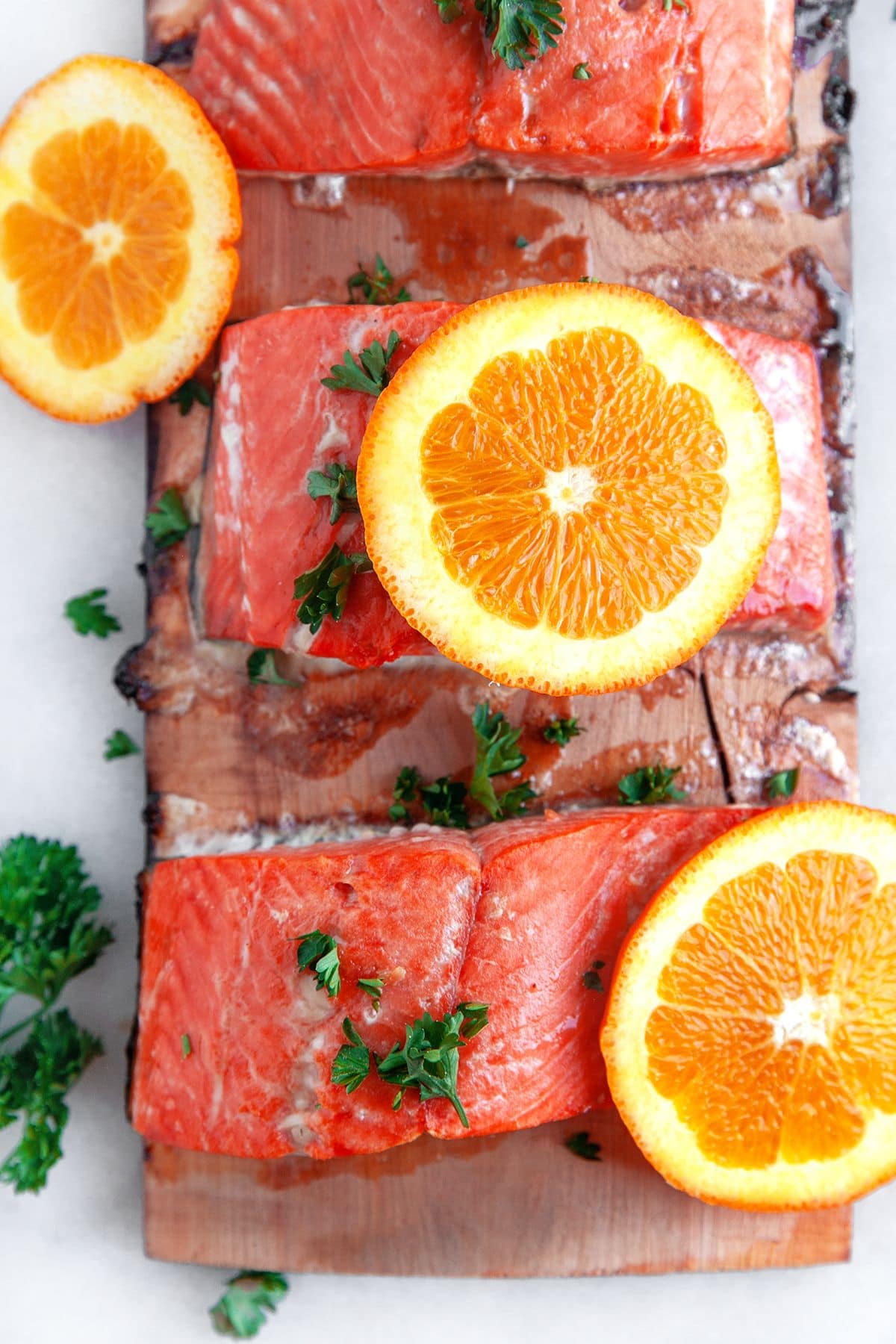 Glazed salmon on a cedar plank.