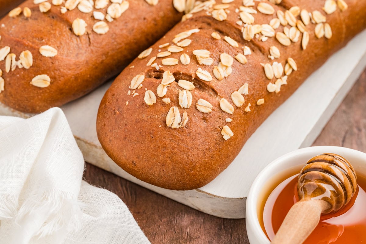 Horizontal close-up of bread loaves. 