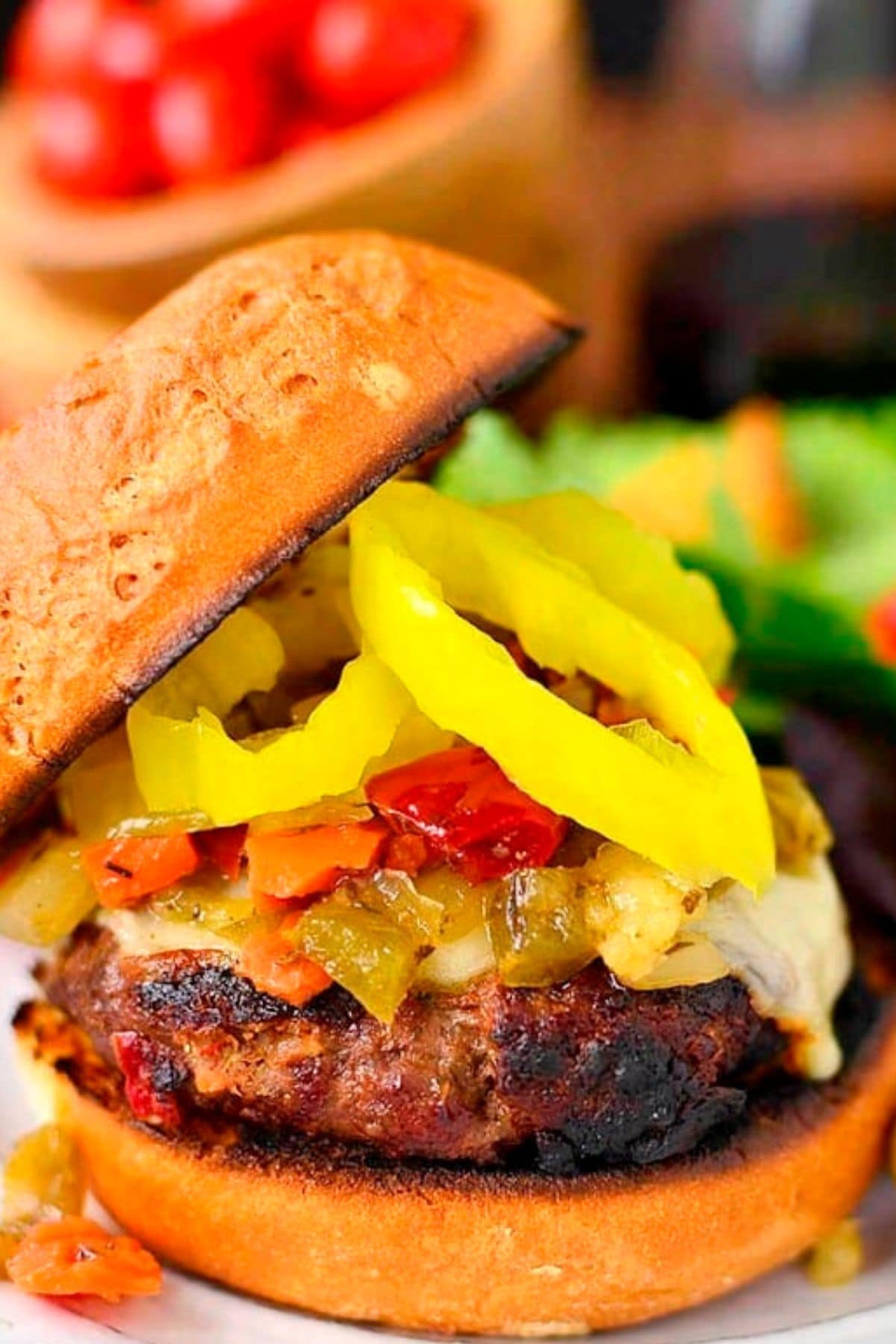 Chicago style burger on a plate.
