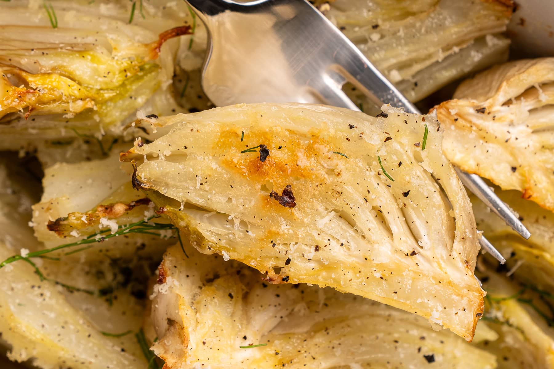 This recipe for Baked Fennel With Parmesan Cheese is unique and delicious. Baking fennel makes it mellow, and the butter and cheese make it excellent. Baked fennel on a fork.