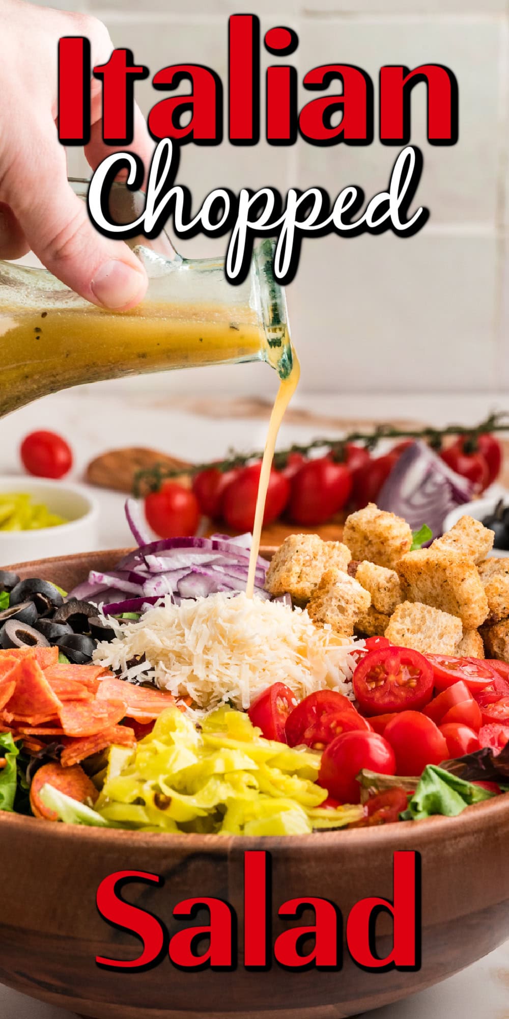 An Italian Chopped Salad adds a lot of bold flavor to any meal, but also it is healthy and delicious. This salad goes with so many mains you will want to make it again and again. Italian Chopped Salad Pin.