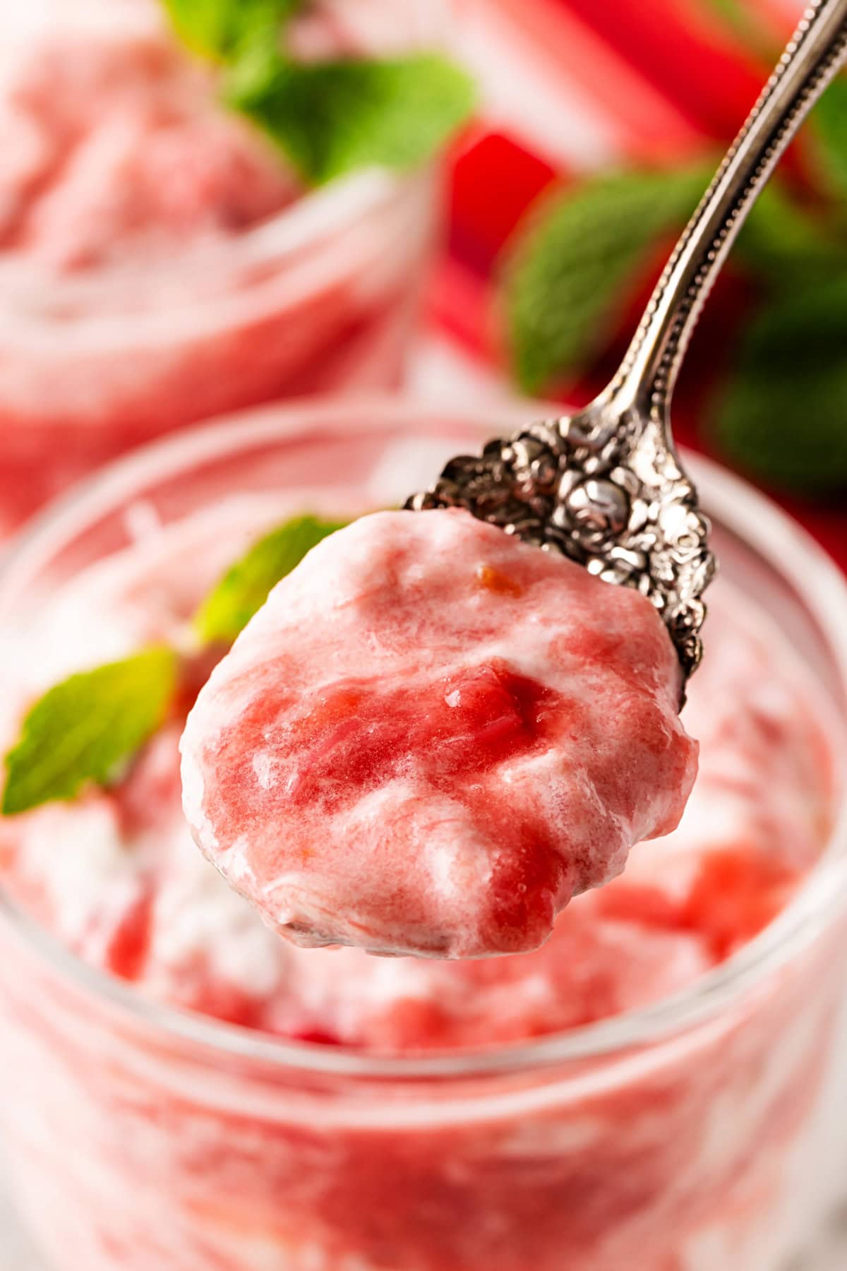 A delightful Rhubarb Fool is easy to make yet offers an elegant dessert. It is perfect after a BBQ in the spring and summer, as it is light as a cloud. A spoonful.
