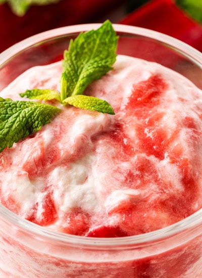 Close-up of a rhubarb fool.
