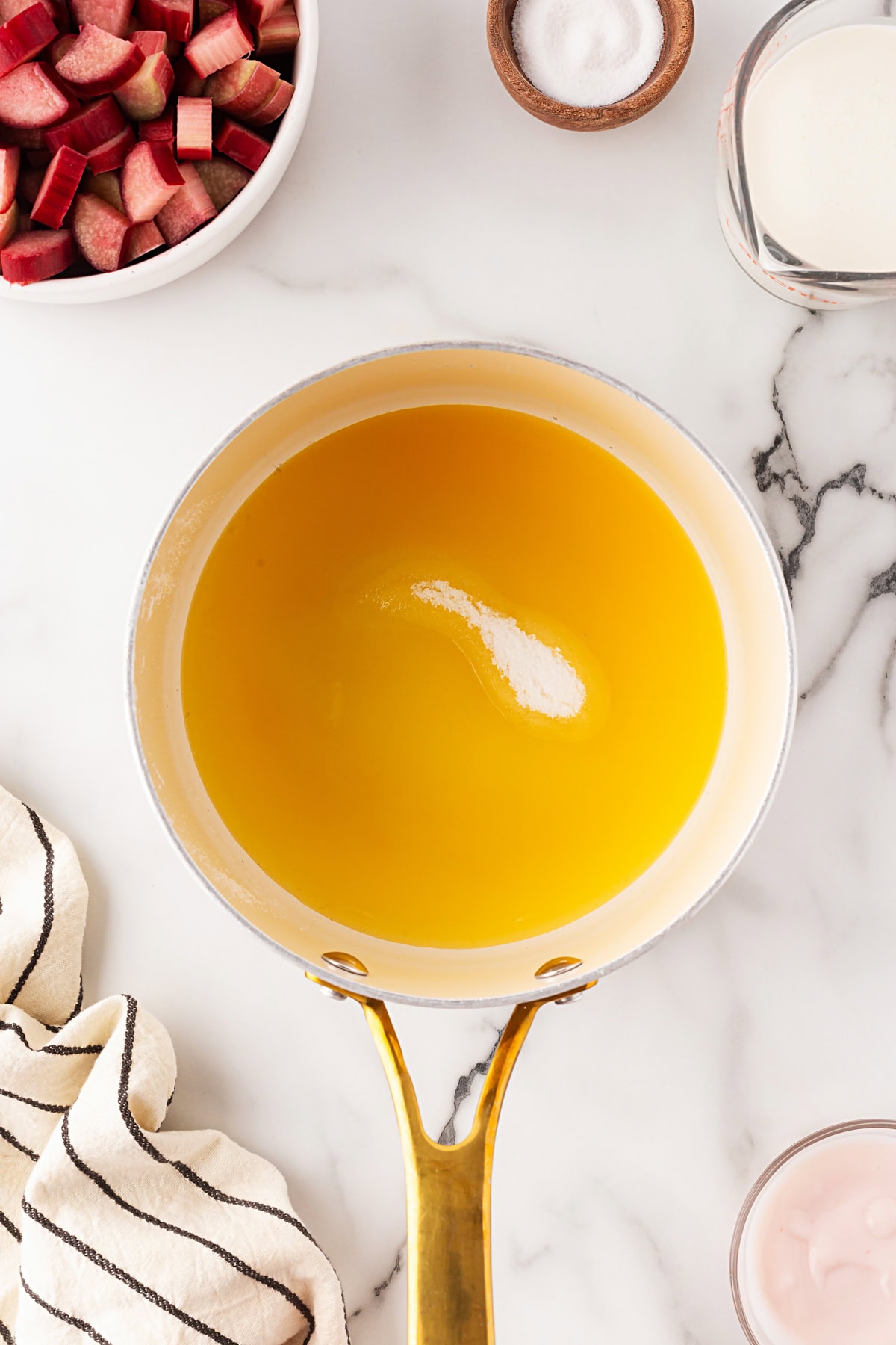 A delightful Rhubarb Fool is easy to make yet offers an elegant dessert. It is perfect after a BBQ in the spring and summer, as it is light as a cloud. Orange juice and sugar.