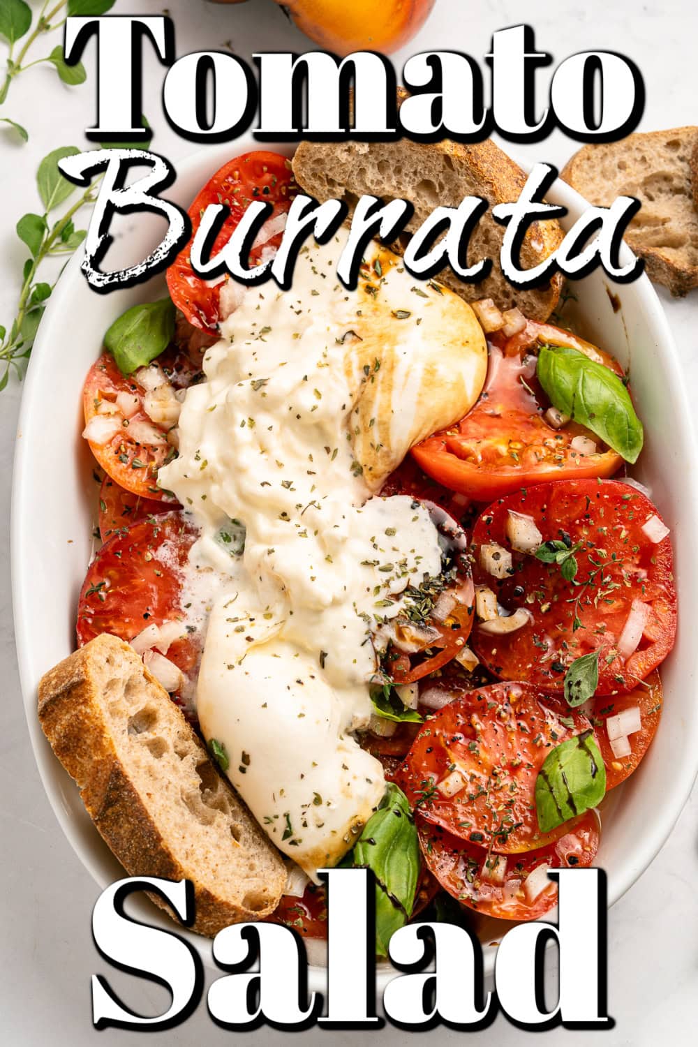 A Tomato Burrata Salad like this can be a show-stopper for any get-together. Use fresh heirloom tomatoes if available. They are the best with the creamy burrata. Tomato Burrata Salad Pin.