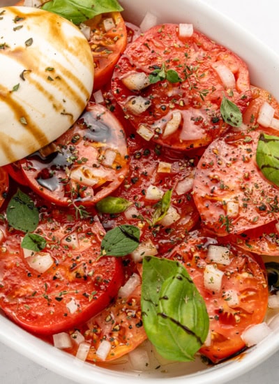 Overhead of Tomato Burrata Salad.
