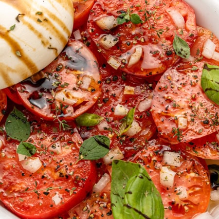 Overhead of Tomato Burrata Salad.