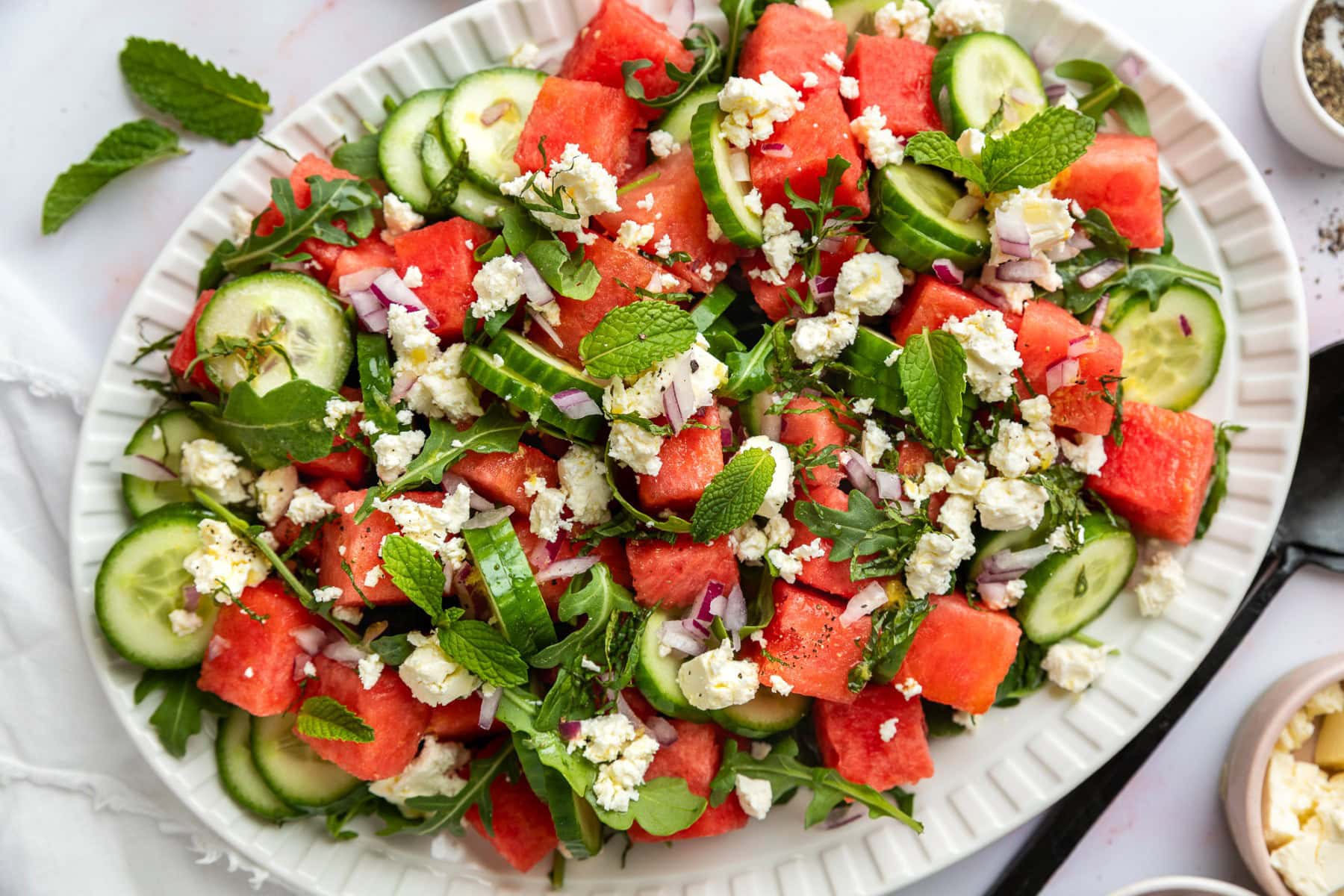 Horizontal of the salad on a white platter. 