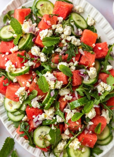 Salad at a diagonal from overhead.