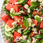 Overhead of Watermelon Salad with Feta Cheese.