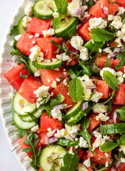 Overhead of Watermelon Salad with Feta Cheese.