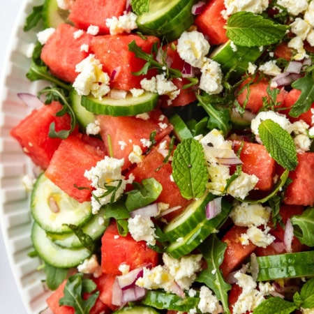 Overhead of Watermelon Salad with Feta Cheese.