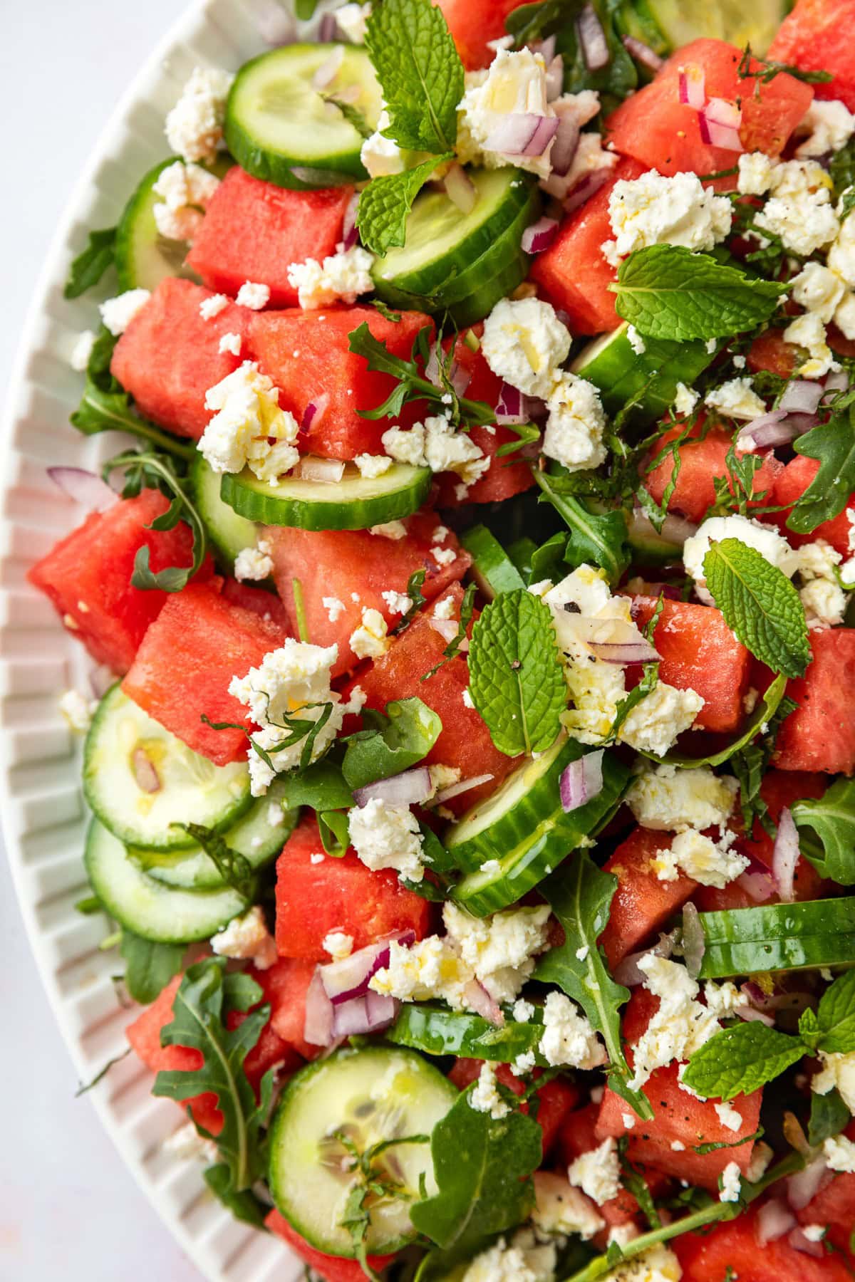 Overhead of Watermelon Salad with Feta Cheese. 