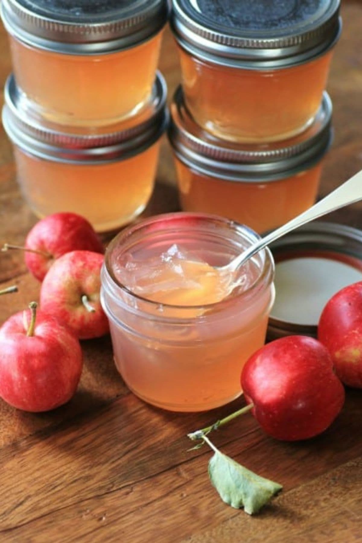 Spoon inside jar of crabapple jelly.