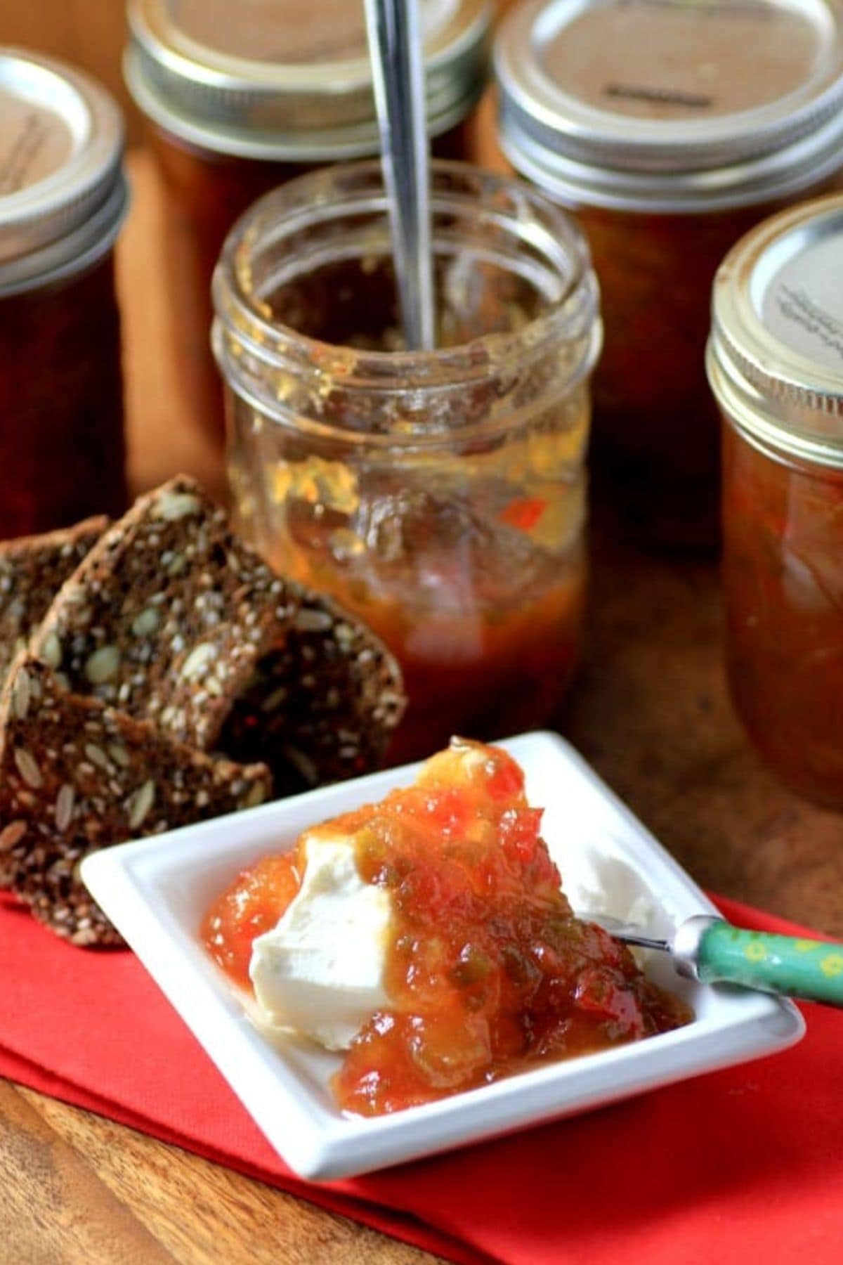 Jalapeno jam on top of cream cheese.