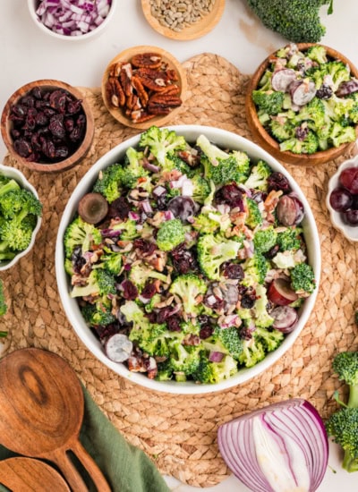 Overhead broccoli salad with ingredients.