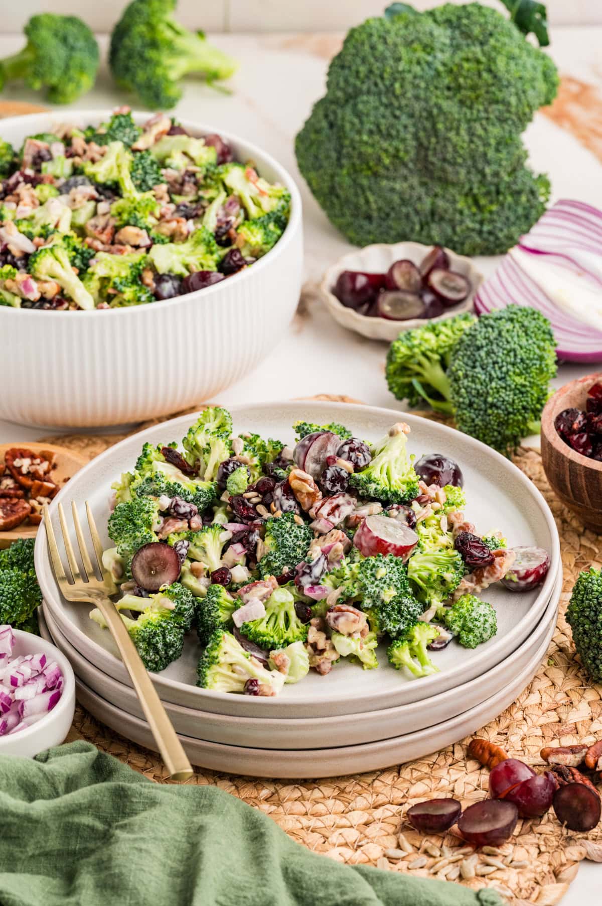 This Broccoli Salad is a keeper that you will want to bring out on a constant rotation. It is perfect for a summer BBQ, picnic or really at any time of the year. Broccoli salad on a plate.