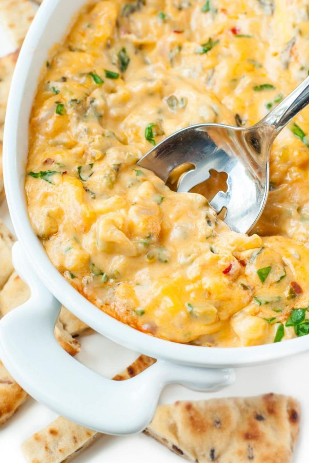 Shrimp dip in a baking dish.