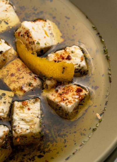 Marinated Feta on a plate.