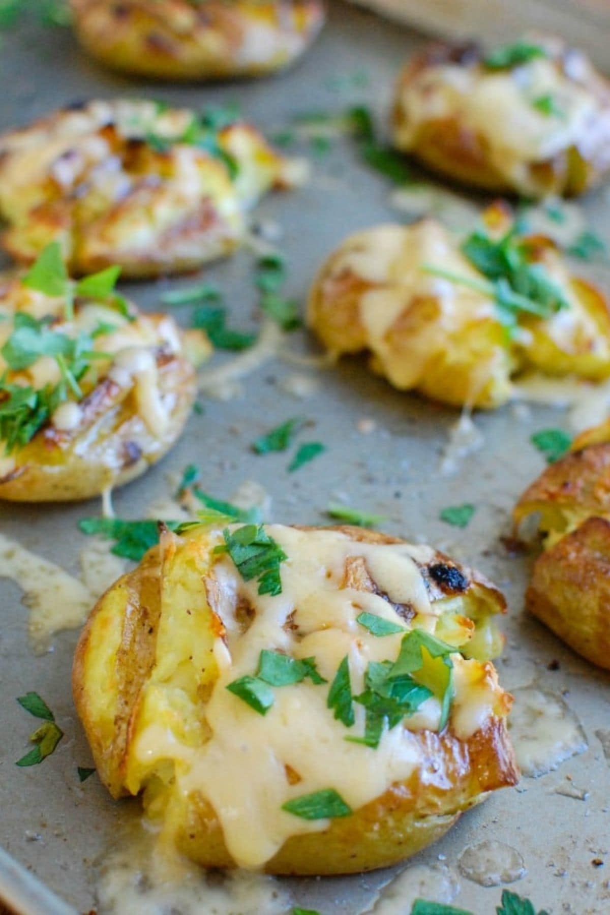 Potatoes on a baking sheet.