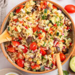 Overhead of Greek Orzo Pasta Salad