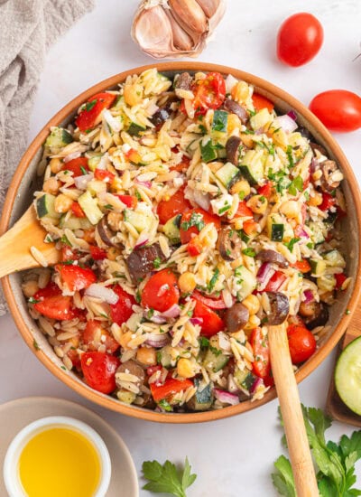 Overhead of Greek Orzo Pasta Salad