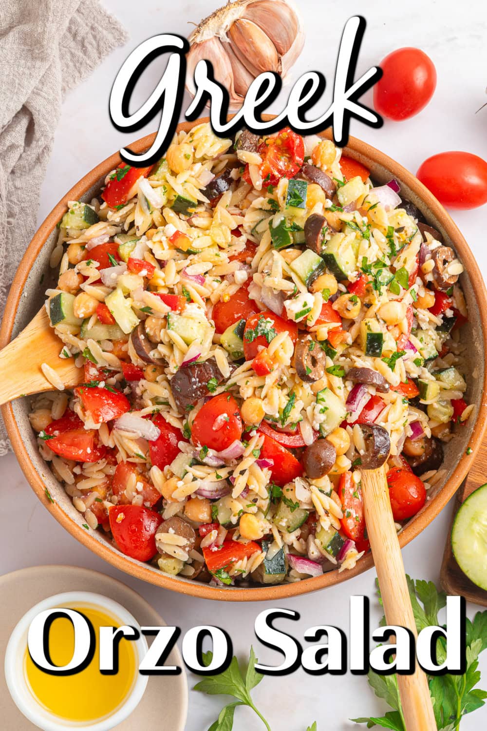 Another winner of a summer salad is this Greek Orzo Pasta Salad. It is easily portable, making it great for a picnic, BBQ or any gathering. It is hearty and healthy and full of flavors! Greek Orzo Pasta Salad Pin.