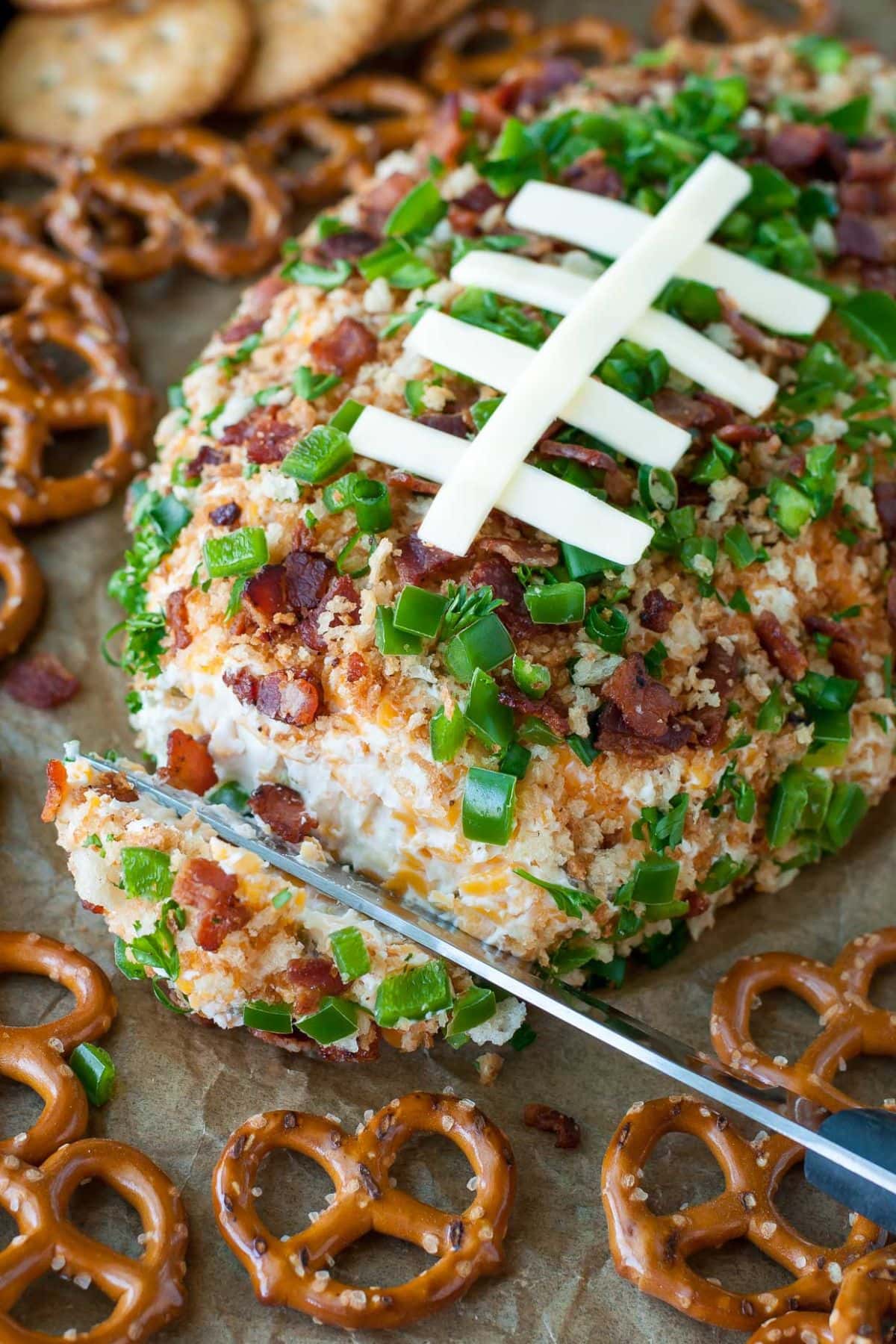 Cheeseball shaped like a football.
