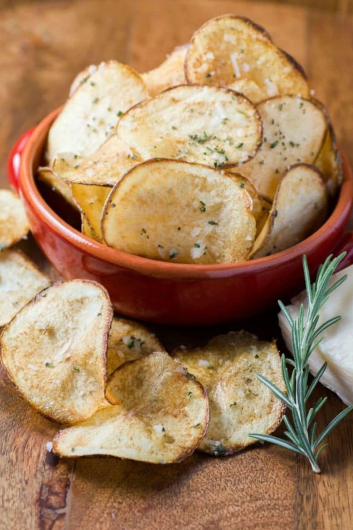 Small bowl of homemade potato chips.