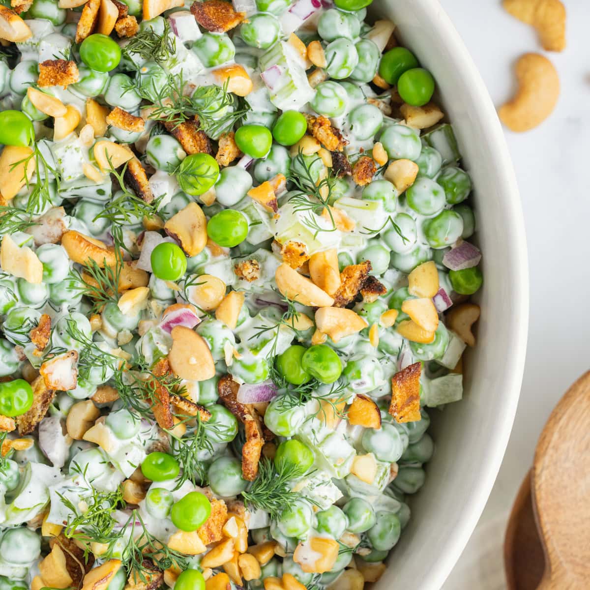 Close-up overhead of pea salad. 