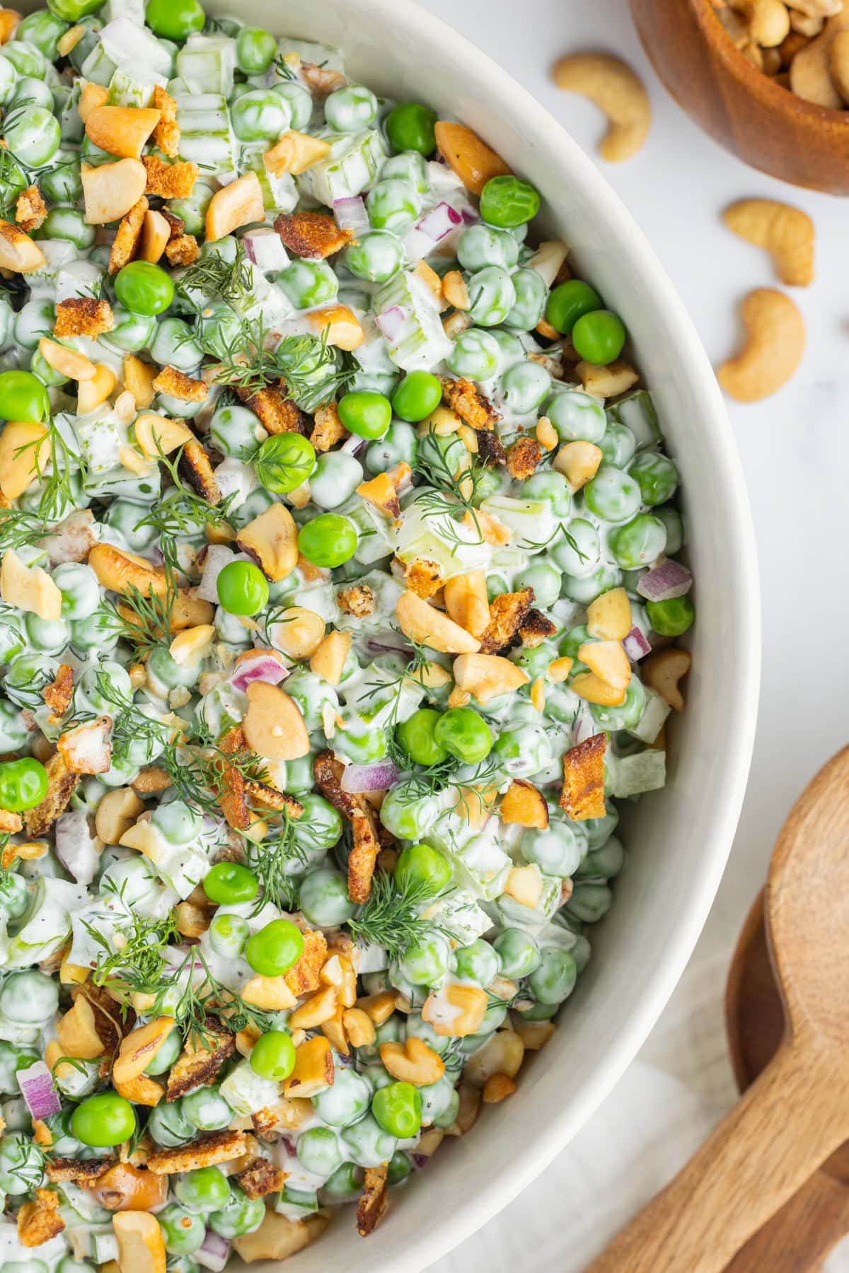 Overhead of pea salad recipe in a bowl. 