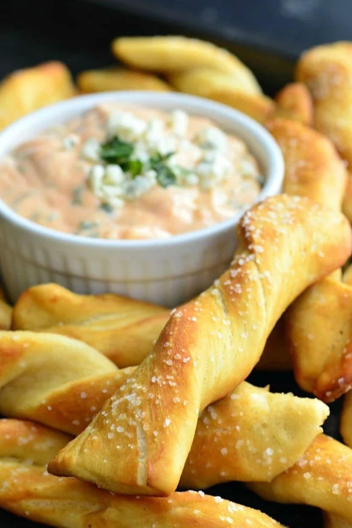Soft pretzels on a plate with dip.