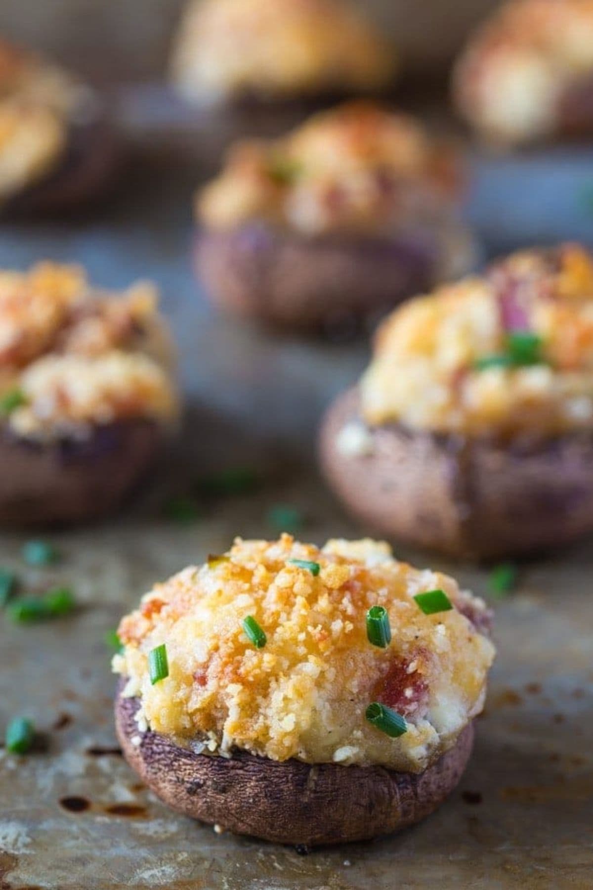 Stuffed mushrooms on a tray.
